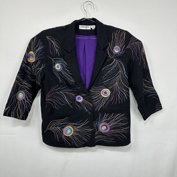 Unique Bright Multicolored Beaded Peacock Feather Black Blazer Womens Medium - Picture 1 of 9